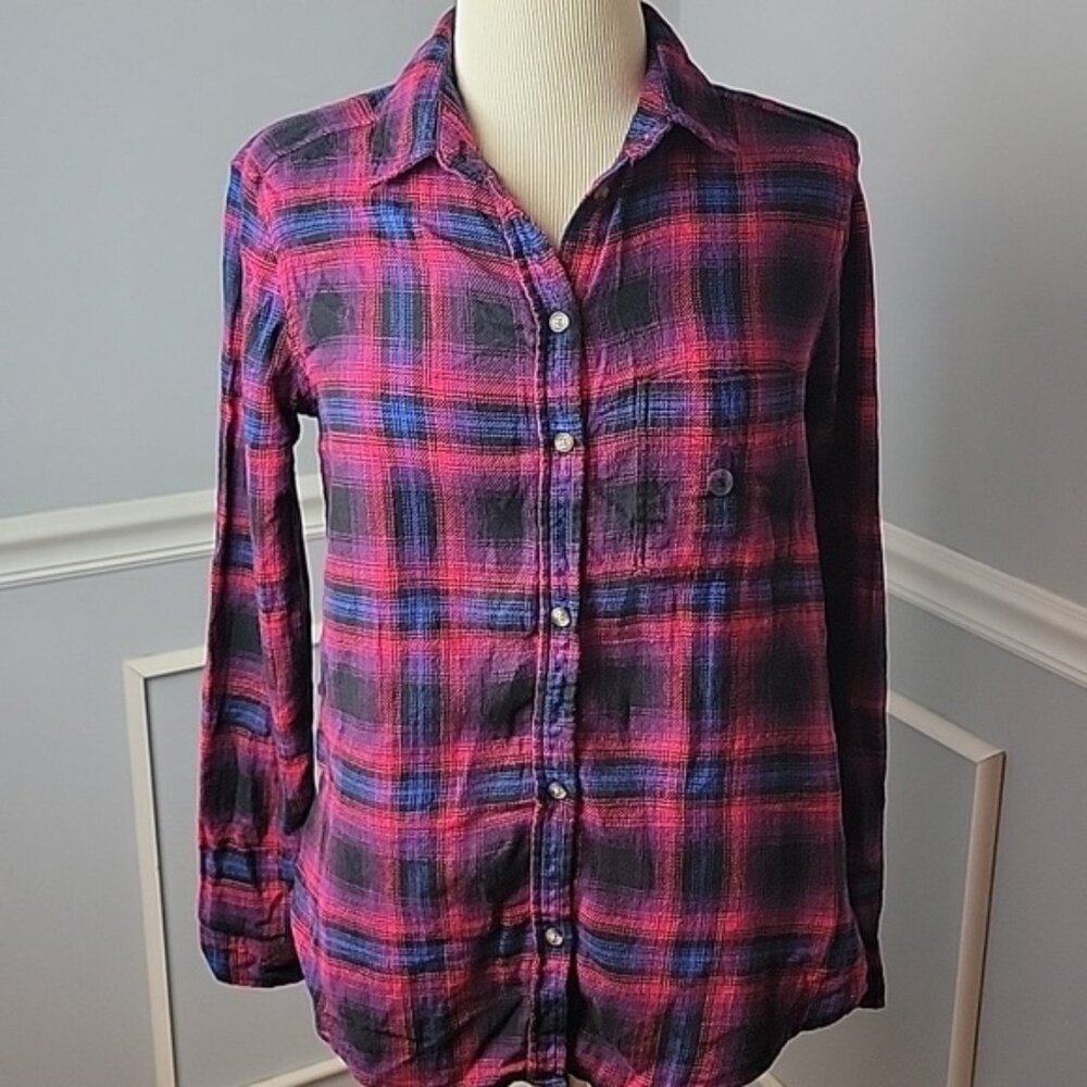 AMERICAN EAGLE Boyfriend Fit Plaid Flannel Hi Low Hem Preppy Button Up Y2K Top S